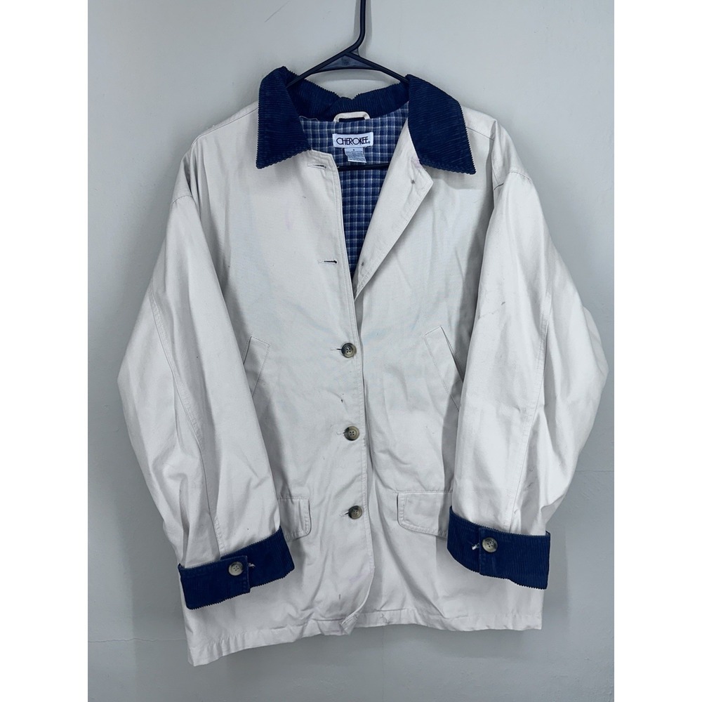 VTG Cherokee Women's Chore Jacket Khaki Blue Corduroy Collar Lined SMALL MEDIUM